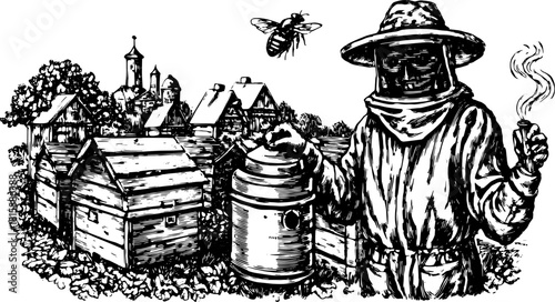 Beehive and beekeeper in a rural landscape. Vintage black and white vector illustration of honey farming equipment set.