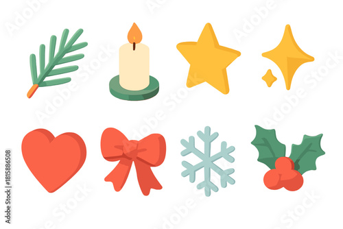 Festive Icon Set. Season spirit flat icon set : pine twig, candle, star, sparkle, heart, ribbon, snowflake, holly branch