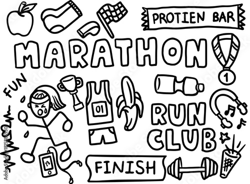 Hand drawn outline vector of marathon or running elements such as protein bar, girl running, trophy, gold medal, uniform, apple, banana, finish line, dumbbell, water or energy drink, headphone