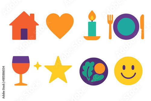 Modern Festive Icons. Joyful gathering flat icon set : home, heart, candlelight, dinner plate, wine glass, star, plate with food, smile
