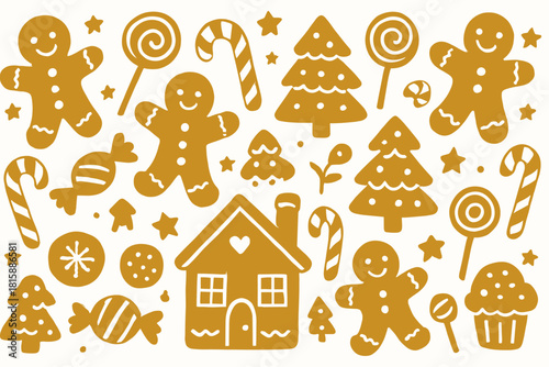 Playful Holiday Treats. Playful ensemble of golden gingerbread figures, candy canes, and festive treats arranged in a delightful pattern. The sweets are whimsically. Vector illustration