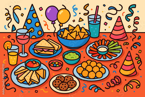 Vibrant Party Table. Vibrant image of a party table set with an array of snacks, drinks, and decorations. The perspective is slightly elevated, offering a view of. Vector illustration