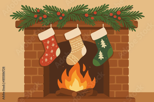 Cozy Fireplace Scene. Cozy fireplace scene with stockings hanging from the mantle, each adorned with festive patterns. Above, a garland of pine branches and red. Vector illustration