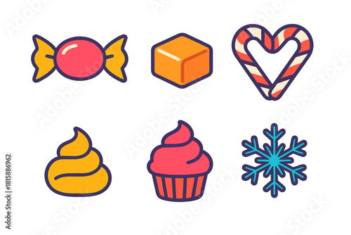 Vibrant Sweet Icons. Old-Fashioned Sweets flat icon set : wrapped candy, caramel piece, candy cane heart, frosting swirl, cupcake, snowflake