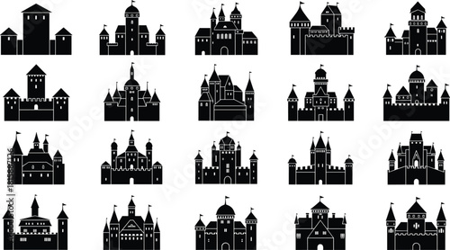 Castle silhouette collection, medieval fortress icons, fantasy architecture, black vector castles, tower illustration set, royalty theme, graphic design asset