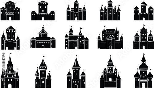 Castle silhouette collection, medieval fortress icons, fantasy architecture, black vector castles, turrets, towers, flags, battlements, vintage style, illustration set