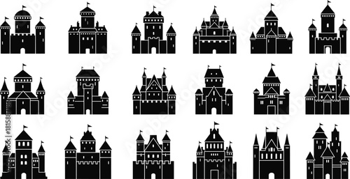 Castle silhouettes, medieval fortress icons, fantasy architecture, black vector castles, tower shapes, battlements, flags, turrets, vintage style, graphic design