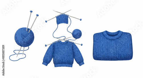 Illustration shows the process of knitting a blue sweater, from yarn to finished garment.