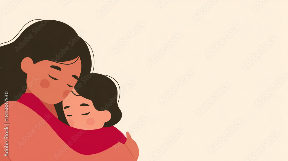 Obraz premium Color illustration . Happy Mother's Day. A mother hugs her daughter. A mother hugs her son. Space for the text. A black family.