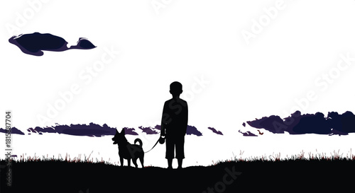 Child with dog silhouette, grassy hill, emotional bond, nature scene, dramatic sky, family moment, outdoor pet walk, peaceful landscape
