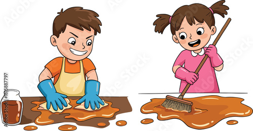 Children cleaning spill, teamwork, hygiene, safety, colorful gloves, classroom scene, learning responsibility, animated style, educational illustration, cleanup activity, kids helping