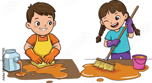 Children cleaning together, teamwork, household chores, spilled juice, sweeping, scrubbing, gloves, apron, responsibility, hygiene, learning, cooperation, cleanup, sponge, broom