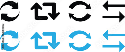 This icon set features various refresh, reload, repeat, and swap arrow symbols in bold black and blue colors.