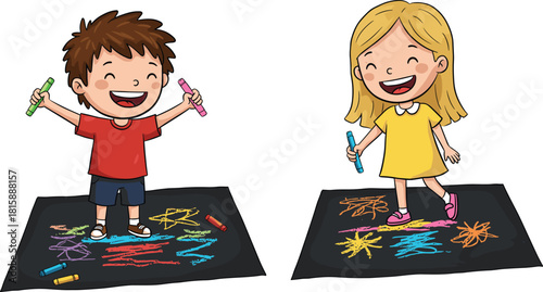Children drawing with colorful chalk, happy kids art activity, creative playtime, outdoor fun, preschool learning, joyful childhood, vibrant illustration