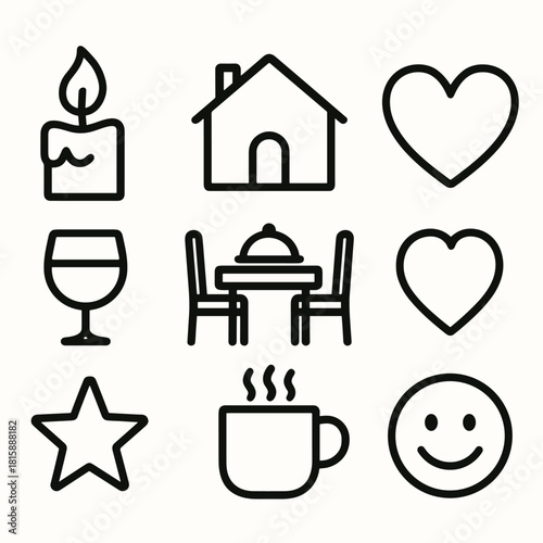 Cozy Icon Set. Warm gathering linear icon set : candle flame, home, dinner table, heart, wine glass, star, cozy mug, smile icon