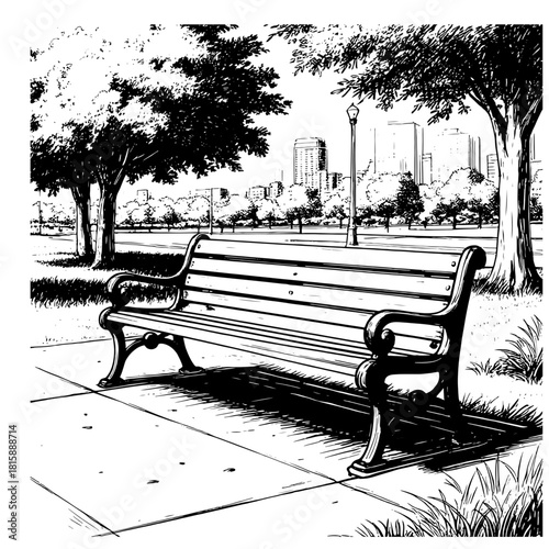 A city square with paths between lawns and trees. Wooden benches and park lights. Vector illustration. City silhouette behind the treetops.101