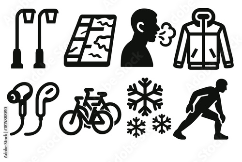 Urban Frost Icons. Urban Frost Jog silhouette icon set: streetlights, icy sidewalk, runner’s breath cloud, neon jacket, earbuds, parked bikes, snowflakes, warm-up stretch