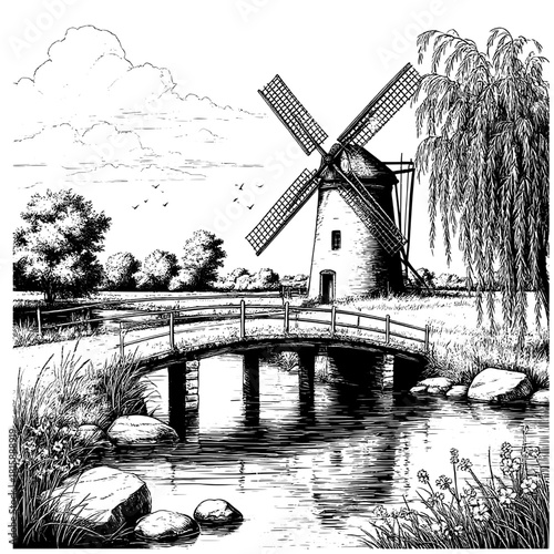 A windmill with blades and a stone bridge, black and white sketch. Vector illustration. There is  river, bushes and flowers grow along the banks. The rural landscape is isolated on white background104