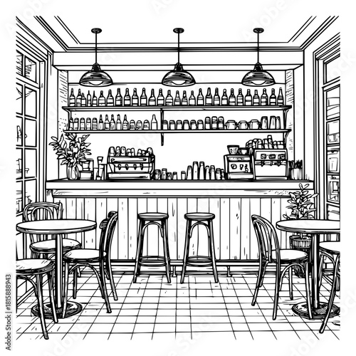 A cozy cafe with tables and a bar, a black and white sketch. Vector illustration. Outdoor cafe bar, coffee machine and chairs, coffee cup and lamps, isolated on white background16