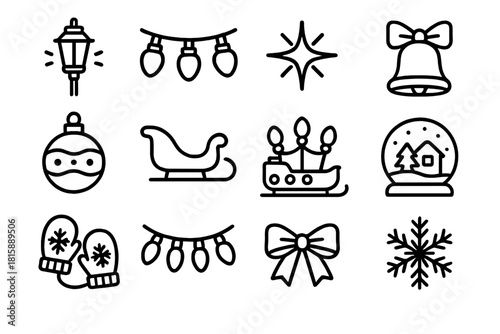Festive Icon Parade. Festive illumination linear icon set: street lamp, garland, sparkle, bell, ornament, sleigh, parade float, snow globe, mittens, lights, ribbon, snowflake