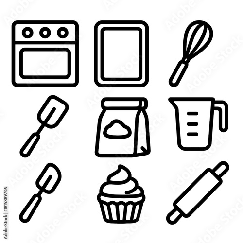 Baking Essentials Icons. Baking essentials concept linear icon set: oven, baking sheet, whisk, measuring cup, spatula, flour bag, cupcake, rolling pin