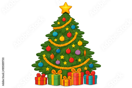 Festive Christmas Tree. Decorated Christmas tree brimming with colorful ornaments, tinsel, and a shining star atop. The branches are lush and green, creating a sense. Vector illustration