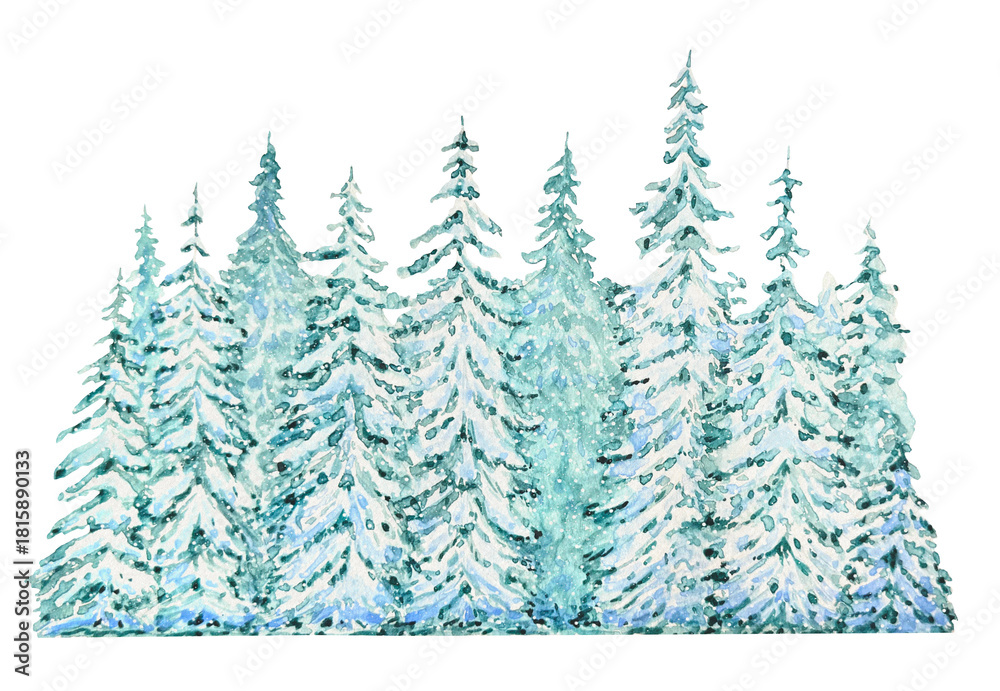 Obraz premium Hand drawn snowy forest with snow covered fir trees. Watercolor illustration.