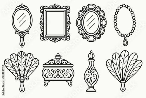 Elegant Mirror Icons. Decorative Reflections linear icon set: hand mirror, filigree frame, gem border, oval glass, pearl chain, feather fan, jewelry box, perfume vial