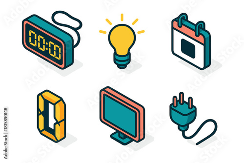 Digital Timer Icons. Minimal Digital Timer flat icon set: segmented numbers, flat screen, plug cord, light icon, date tag, line shadow