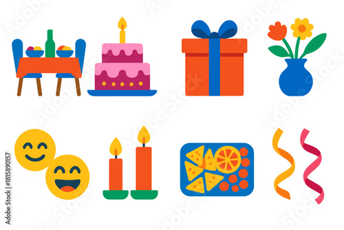 Vibrant Family Celebration. Family Celebration Set flat icon set: home dining table, birthday cake, gift box, floral vase, candles, laughter icons, snacks tray, festive ribbons
