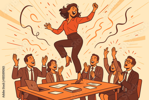 Celebration Dance on Table. Woman energetically dancing on a table, surrounded by colleagues who cheer her on. Her bold pose and confident expression make her the. Vector illustration