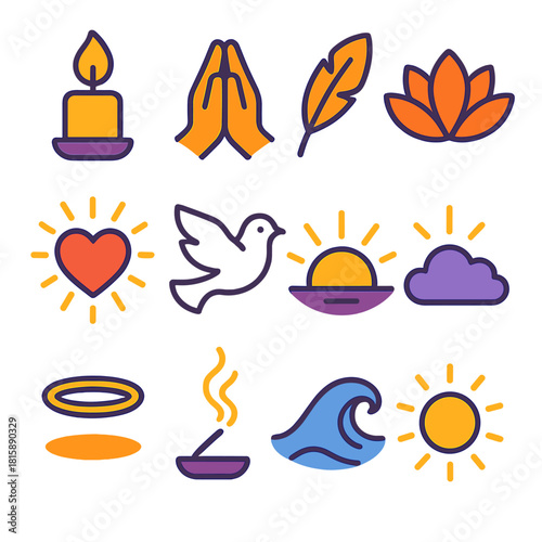 Sacred Symbols Ensemble. Sacred Pause flat icon set : candle flame, folded hands, feather, lotus flower, radiant heart, dove, sunrise glow, soft cloud, halo ring, incense smoke