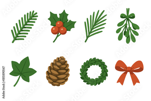 Festive Greenery Icons. Holiday greenery flat icon set : spruce branch, holly berries, pine needles, mistletoe bunch, ivy leaf, cedar cone, green garland, ribbon bow