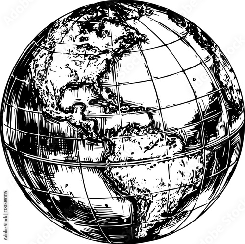 Vector illustration of a globe depicting a detailed map of the world. This black and white graphic features continents and outlines in a simple design.