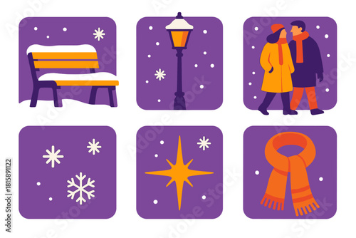 Magical Winter Walk. Magical Evening flat icon set : snow-covered bench, lamp post, couple walking, soft snowflakes, star sparkle, cozy scarf