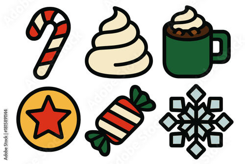 Yuletide Sweets Icons. Yuletide Sweets silhouette icon set : candy cane, frosting swirl, hot chocolate mug, sugar cookie, candy twist, snowflake gem