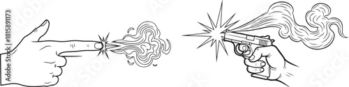 Black and White Line Art of Finger Gun Versus Pistol Firing