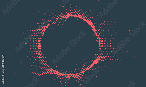Circular Halftone Pattern Concentric Circles Frame Vector Red Black Colour Abstract Background. Mod Minimalist Art Half Tone Graphics Rippled Structure. Retro Futurism Technology Art Illustration