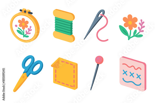 Isometric Embroidery Icons. Embroidery Art flat icon set: hoop, floss thread, needle, floral pattern, scissors, fabric piece, pin, stitch guide