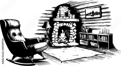 Hand-drawn illustration of a fireplace and chair in a cozy room. This vintage vector set features stone and wood elements for a warm atmosphere.
