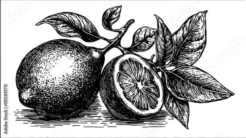 Black and white lemon fruit illustration in outline style. Vintage vector graphic with detailed leaves and sliced view showcases a natural botanical design.
