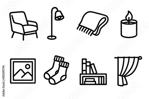 Cozy Bedroom Icons. Peaceful Retreat linear icon set: lounge chair, gentle lamp, blanket fold, scented candle, framed art, cozy socks, small bookshelf, curtain drape