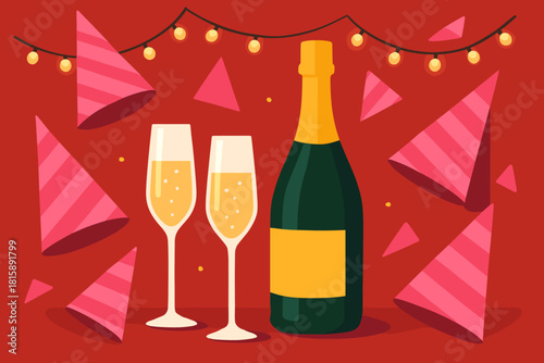Festive Champagne Celebration. Party hats in vibrant pinks are scattered around the champagne setup, adding a playful element. Positioned at varying angles, they. Vector illustration