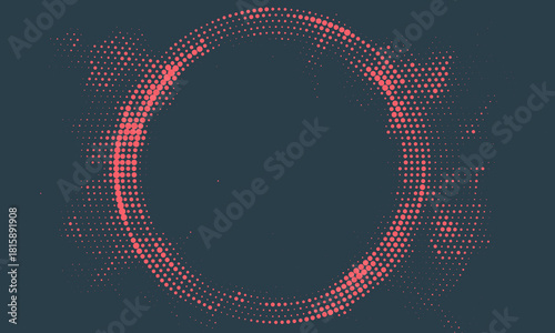 Circular Halftone Pattern Concentric Circles Frame Vector Red Black Colour Abstract Background. Mod Minimalist Art Half Tone Graphics Rippled Structure. Retro Futurism Technology Art Illustration