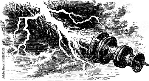 Engraving of lightning striking machinery in a stormy atmosphere. Detailed black and white vector illustration featuring vintage outline drawing style.