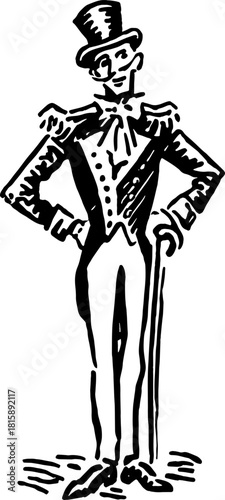 Silhouette of a gentleman in vintage style. Hand-drawn outline vector illustration featuring a top hat, tailcoat, and cane as a classic design set.