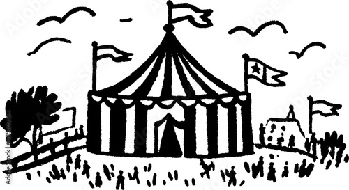 Circus tent silhouette with hand-drawn outline and flags. This simple outdoor scene is a vector illustration set for various creative uses.