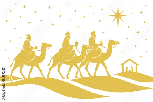 Three Wise Men Journey. Three wise men on camels, depicted as gold silhouettes, journeying across a desert landscape under a twinkling night sky. The figures are in. Vector illustration