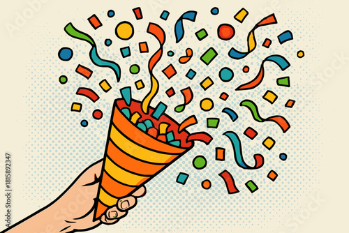 Celebratory Confetti Burst. Cone overflowing with confetti is depicted mid-toss, sending a cascade of colorful paper pieces into the air. The confetti's varied. Vector illustration