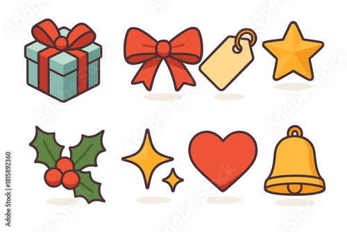 Festive Gift Icons. Gift bearer flat icon set : gift box, ribbon bow, tag, star, holly branch, sparkle, heart, bell